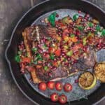 Mediterranean Blackened Salmon with Pomegranate Salsa and Grilled Lemon Halves