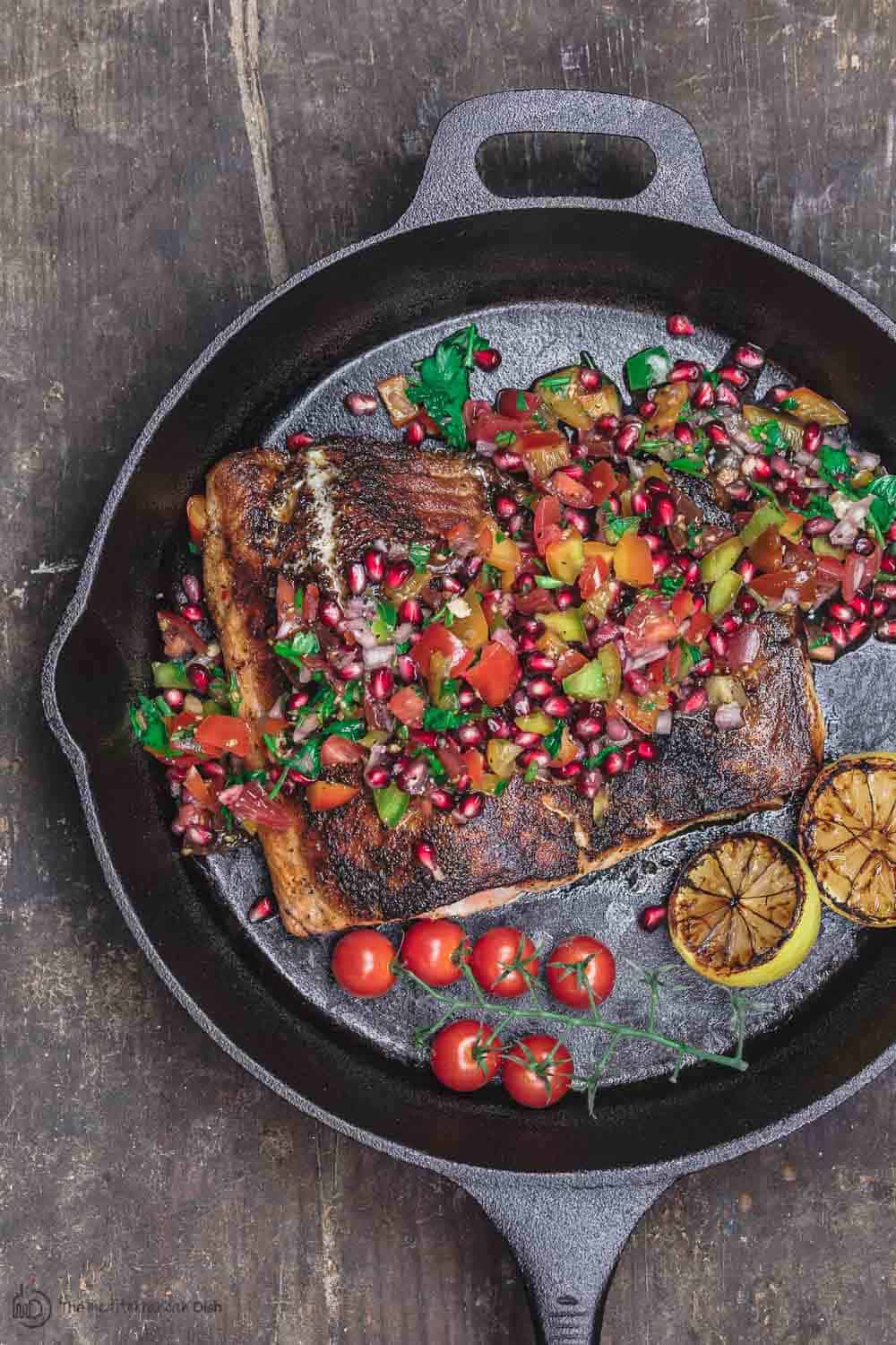 Mediterranean Blackened Salmon with Pomegranate Salsa and Grilled Lemon Halves