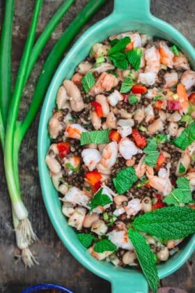 Tuscan White Bean Salad with shrimp, lentils, crunchy vegetables and fresh herbs. A garnish of scallions and fresh mint