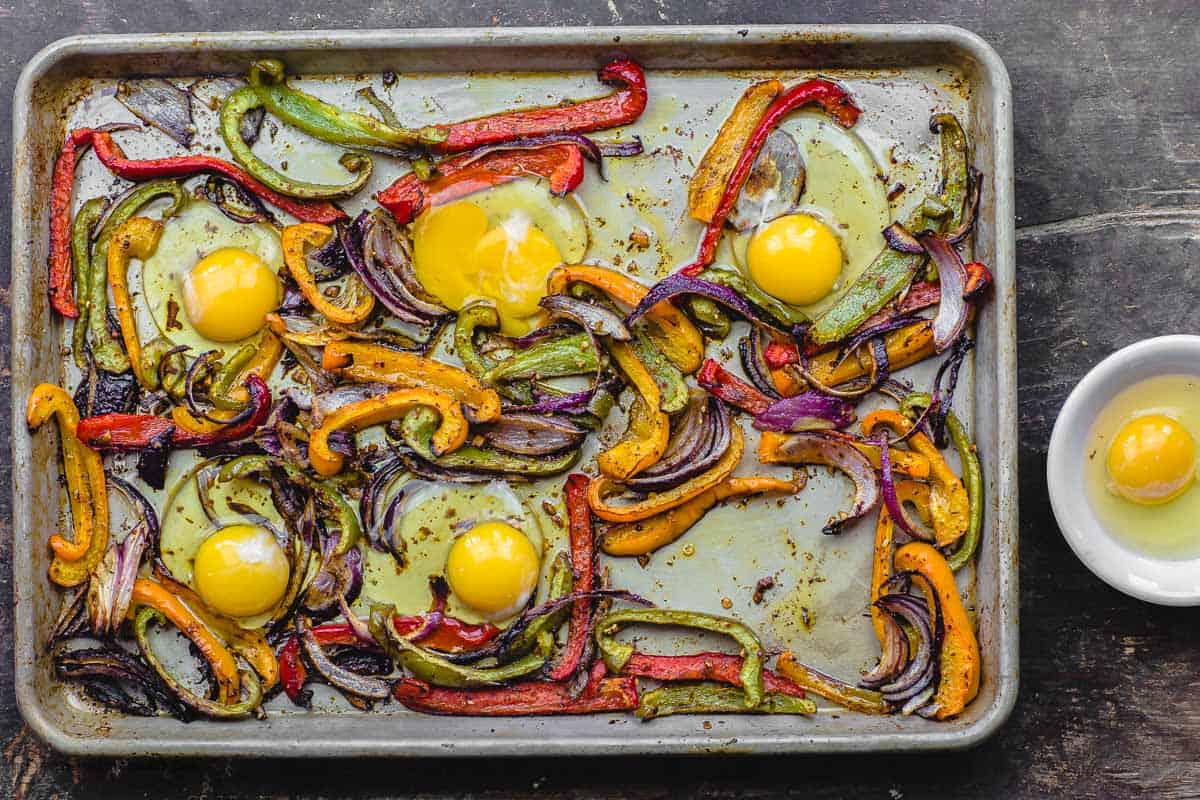 Eggs are added in with the roasted vegetables