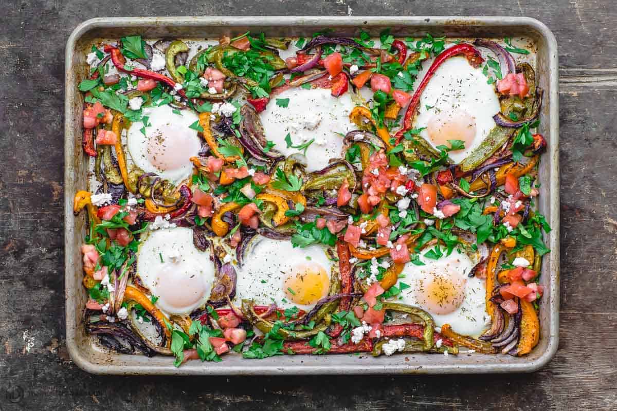 Baked eggs and veggies on sheet pan