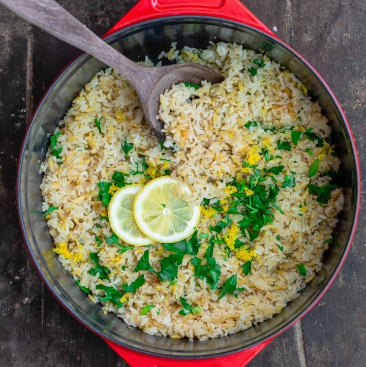 Greek lemon rice pilaf with parsley and dill