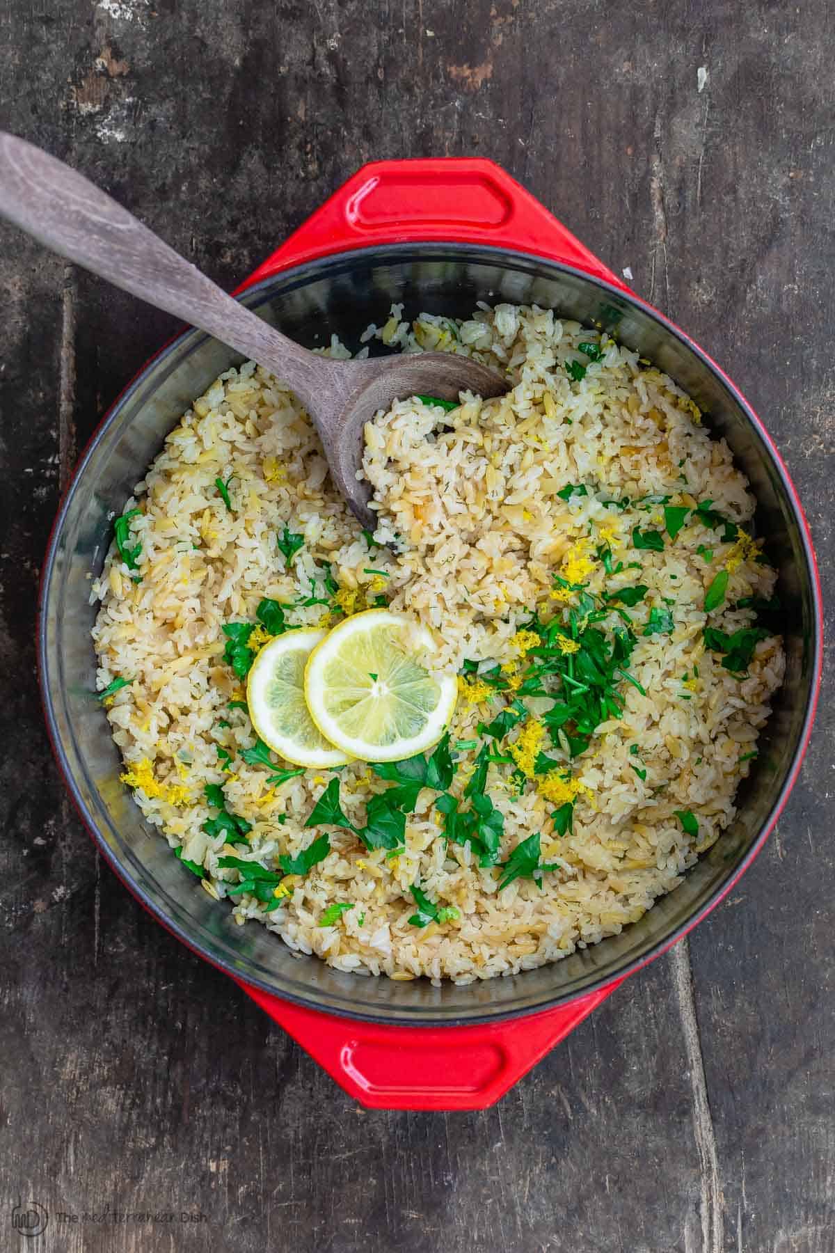 Greek lemon rice pilaf with parsley and dill 