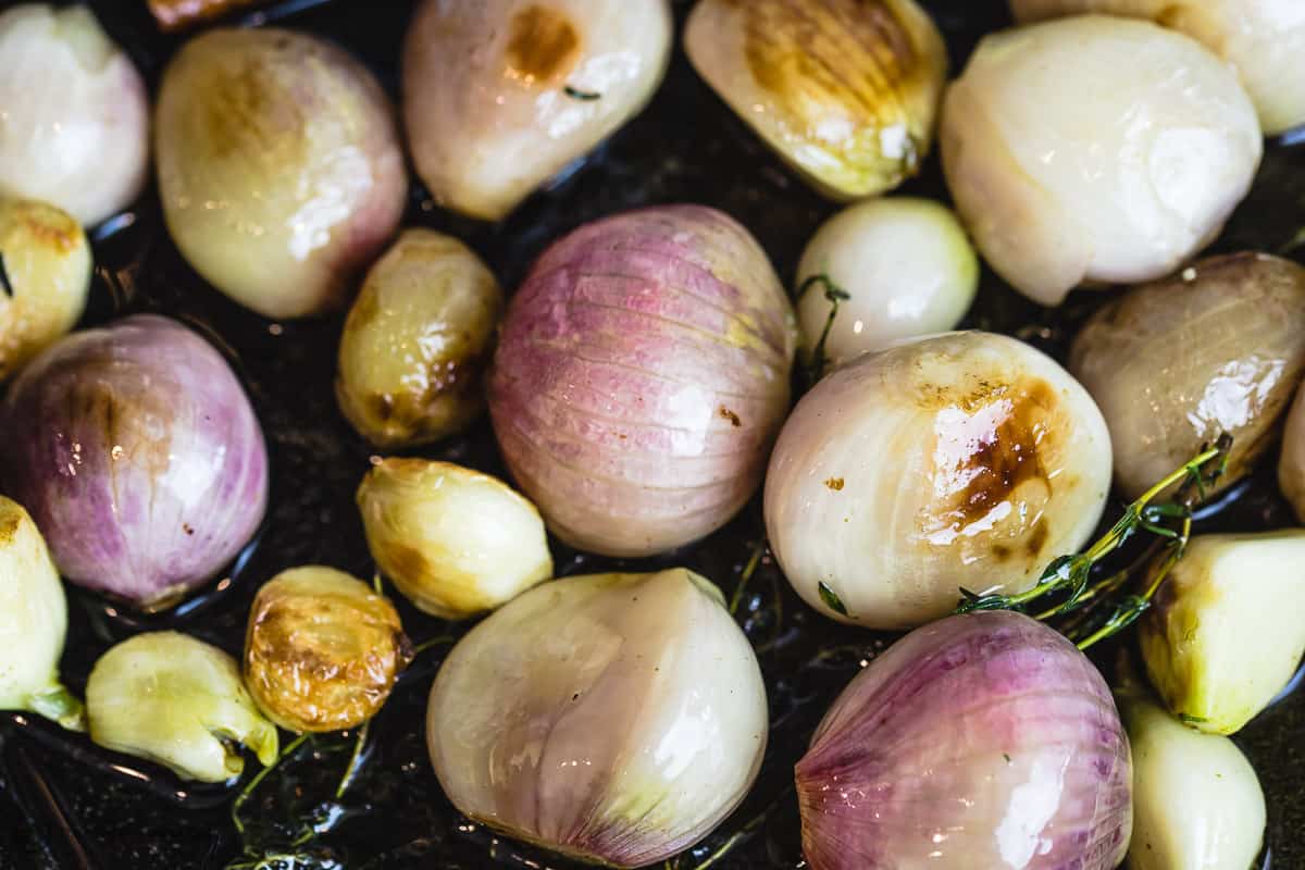 Shallots and garlic cooked in extra virgin olive oil and ghee before adding mushrooms