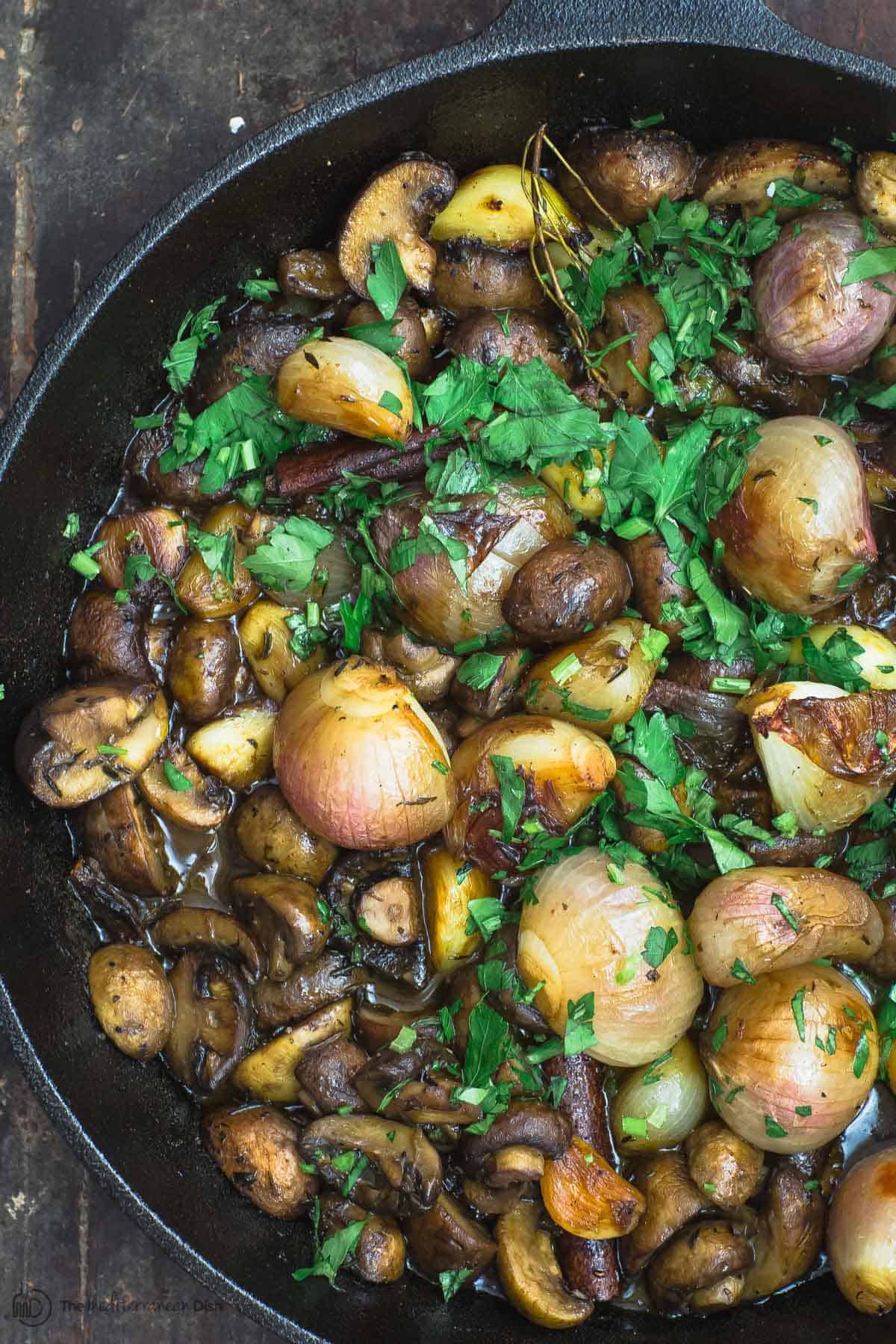 Shallot garlic mushroom recipe in skillet