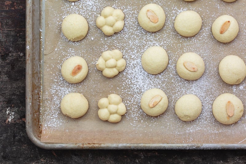 Baked Ghoryebah butter cookies. Hot out of the oven with a sprinkle of powdered sugar