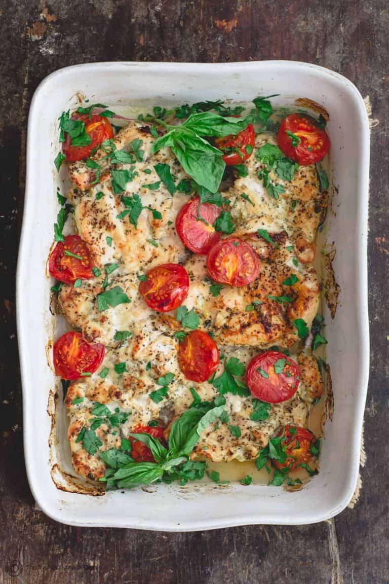 Italian Baked Chicken Recipe with Onions, Tomato and Basil