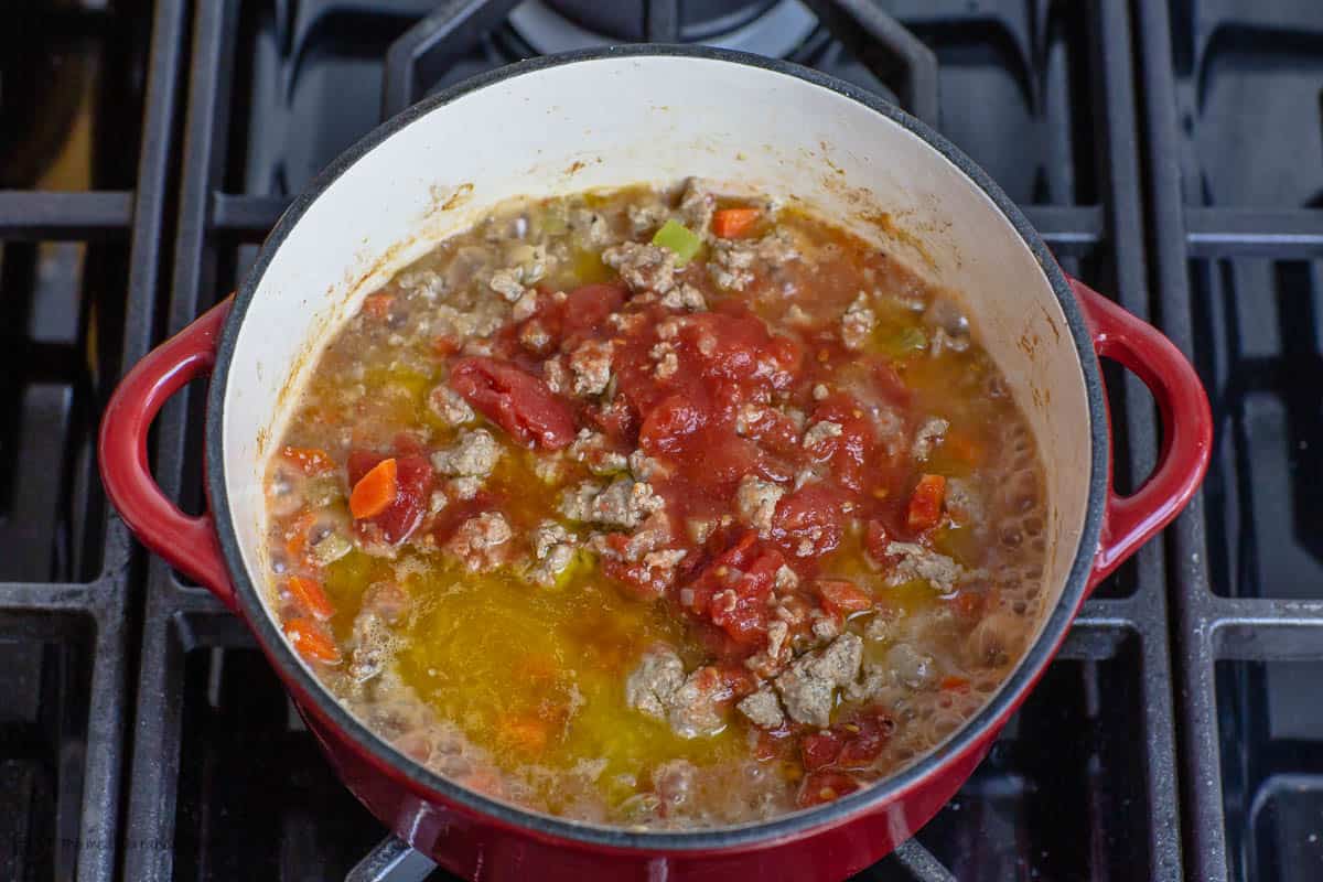 Wine and tomatoes are added to bolognese sauce. Simmering gently till ready