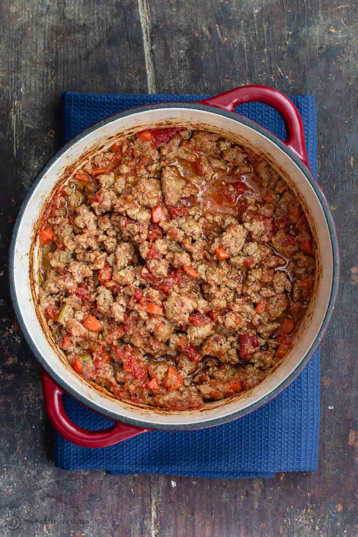 Rich, Thick Turkey Bolognese Sauce in a Pot
