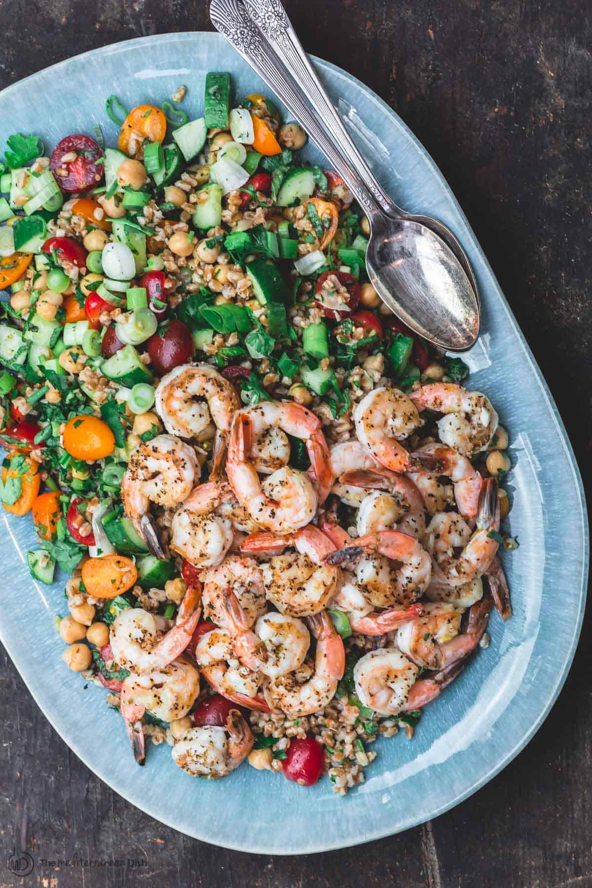 Farro salad with shrimp on platter