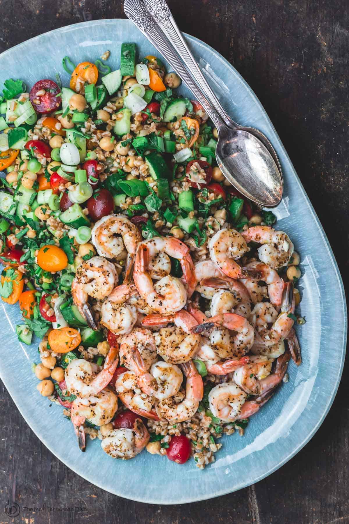 Chickpea Farro salad with shrimp on platter