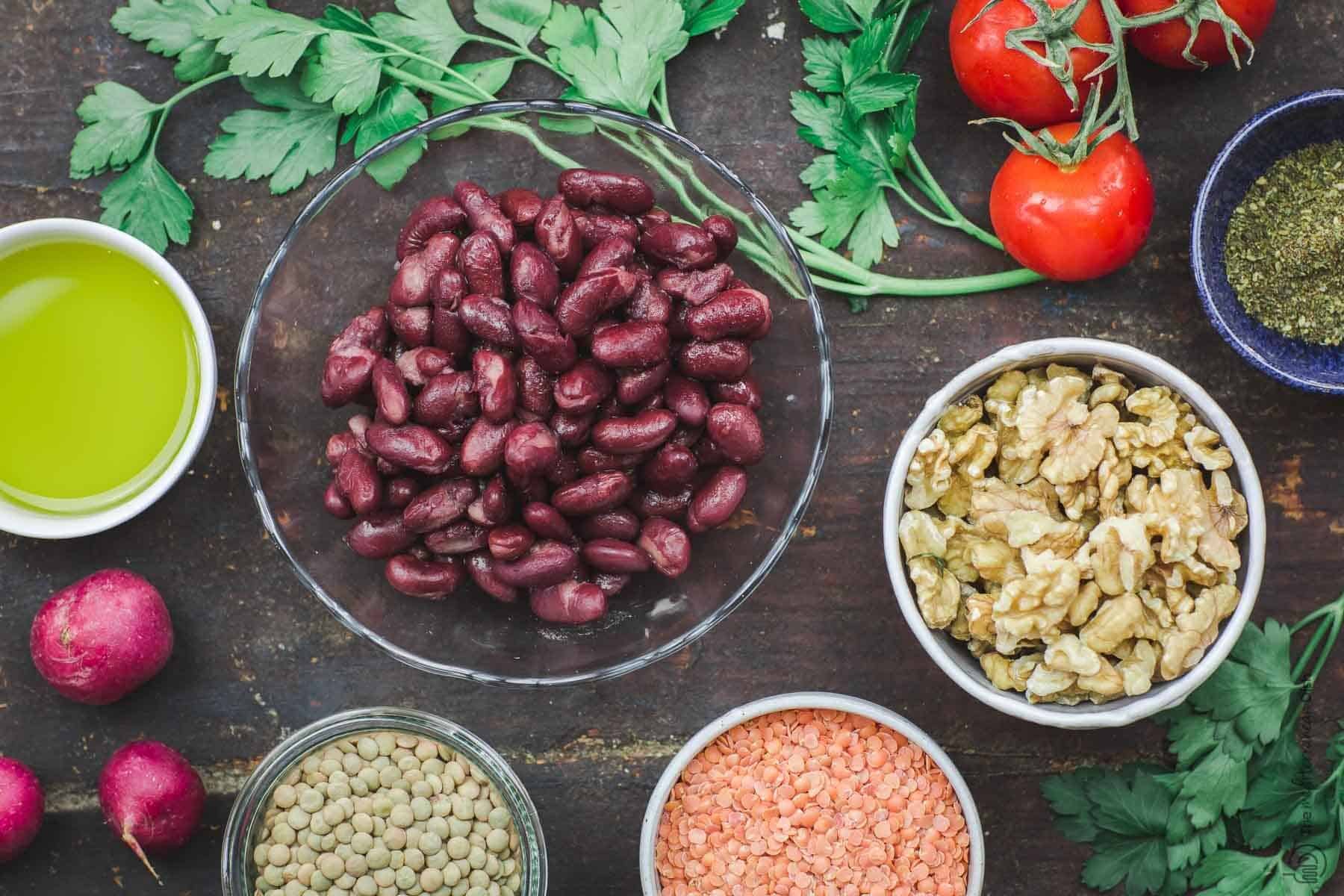 Beans, lentils, and Nuts in bowls