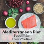 Mediterranean Diet Food List. Olive Oil, Seafood, Nuts, Legumes, Greens