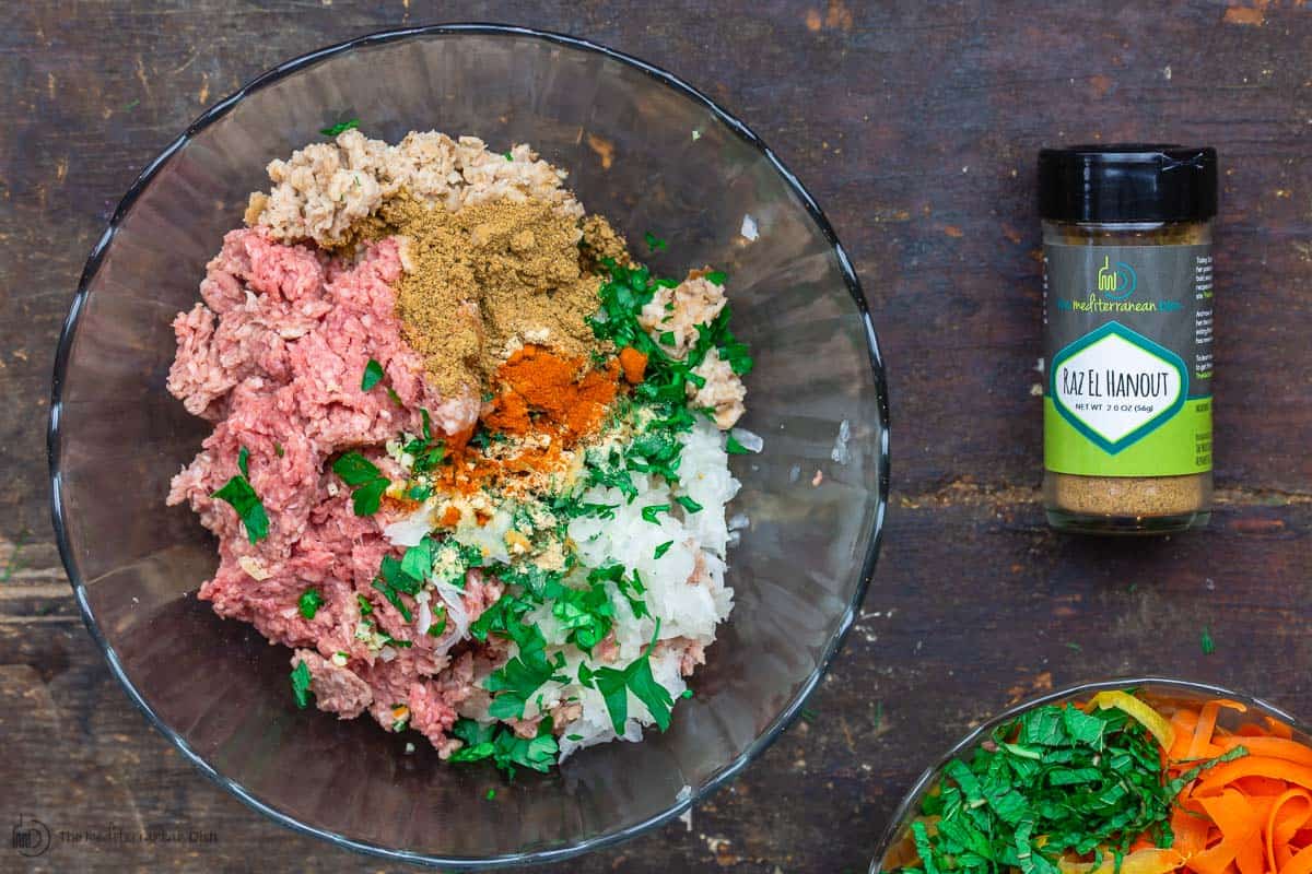 Moroccan meatballs mixture with onions, garlic, cilantro, and spices