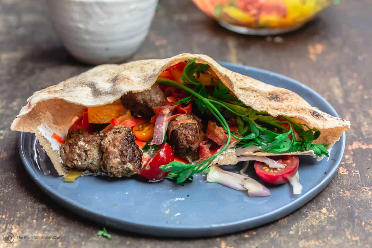 Loaded pita pocket with Moroccan Meatballs