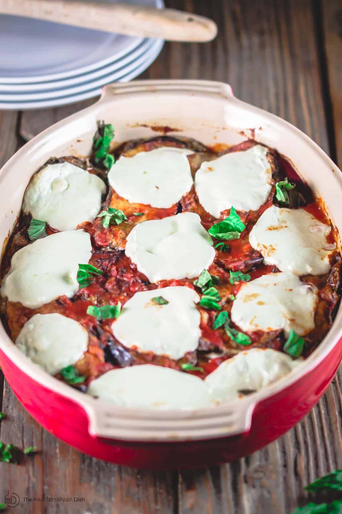 Eggplant Parmesan served in large baking dish