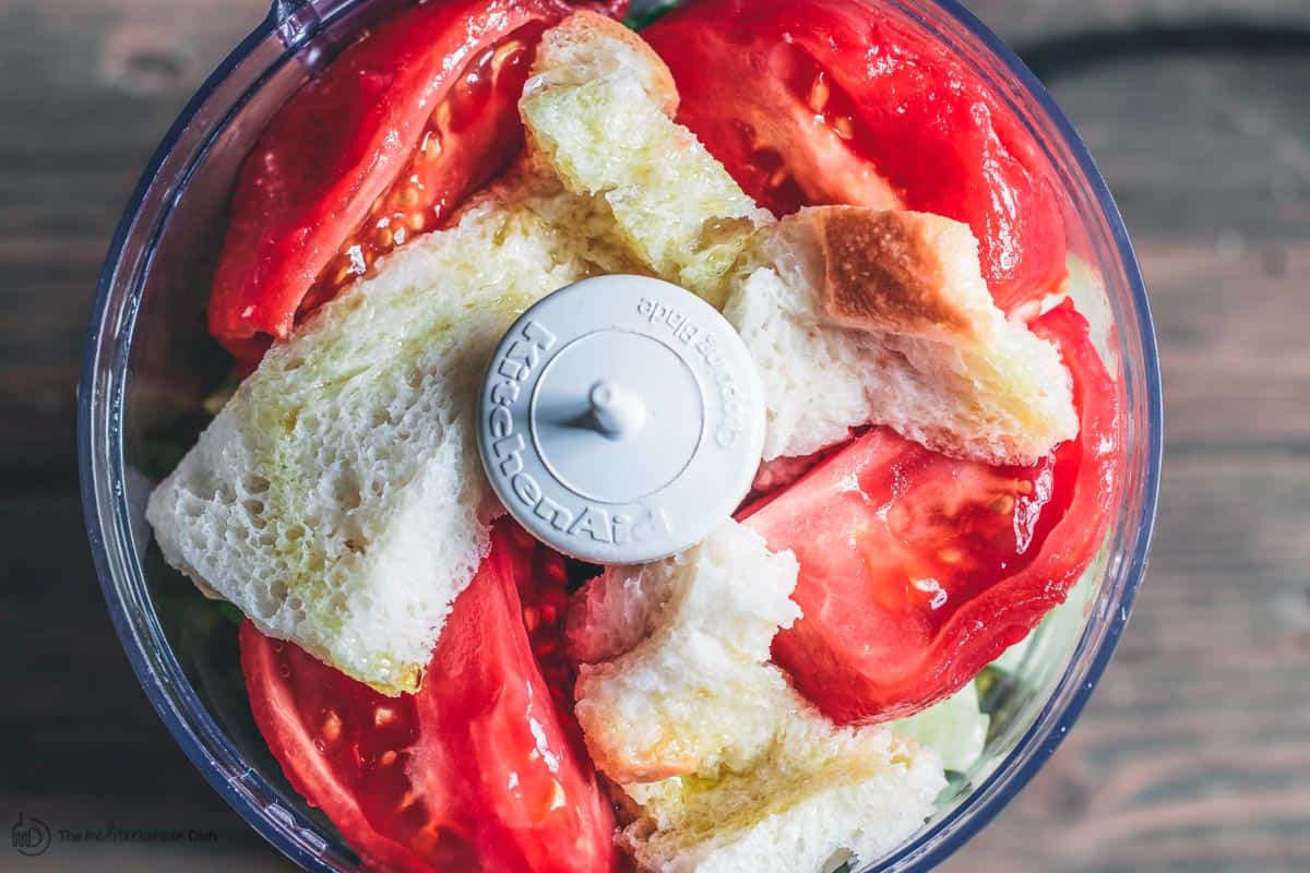 Gazpacho ingredients in food processor before blending