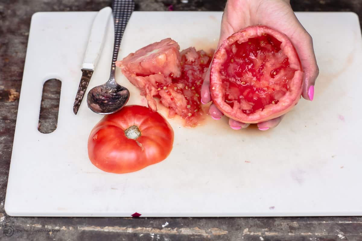 Tomato completely cored and emptied to be stuffed