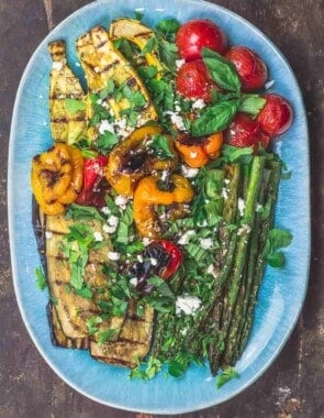 Grilled Vegetables. Eggplant, asparagus, squash, tomatoes, and bell peppers