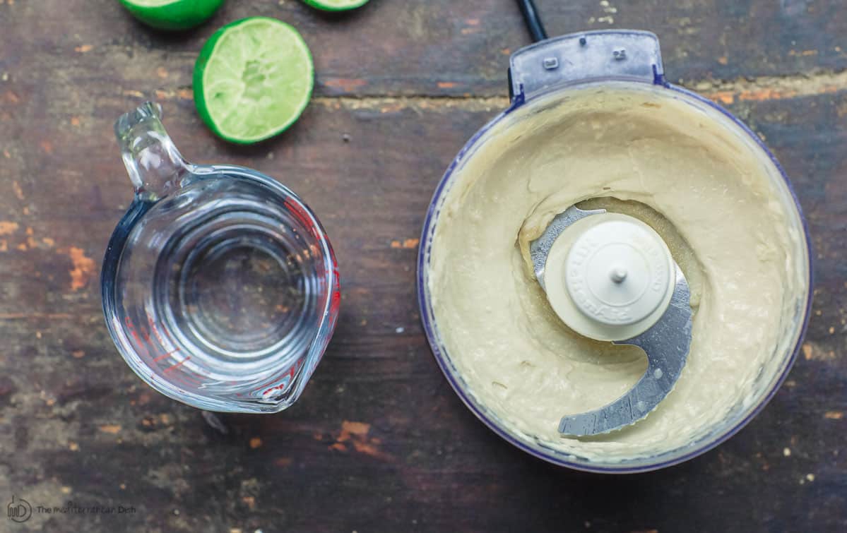 Tahini, garlic, and lime juice blended in food processor