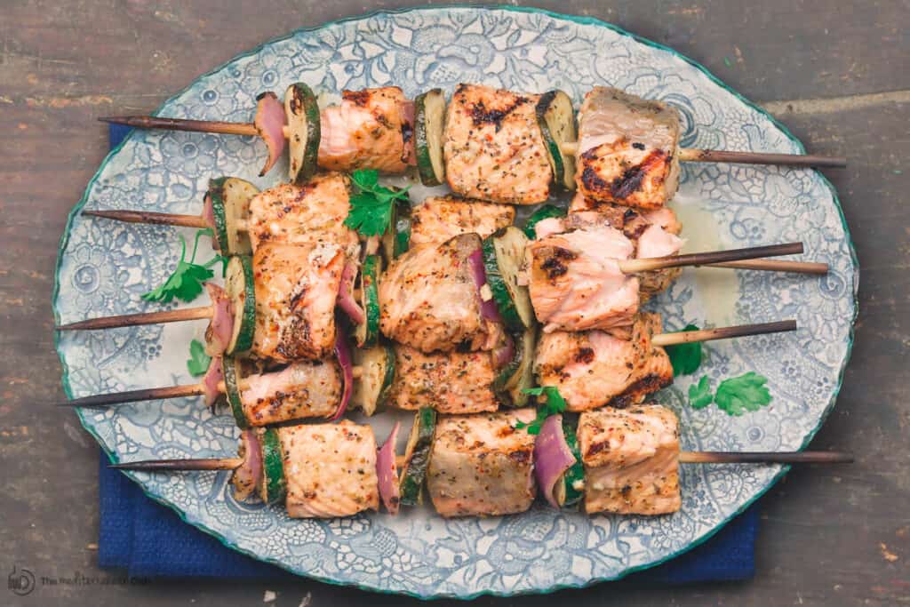 Mediterranean salmon kabobs served on a plate