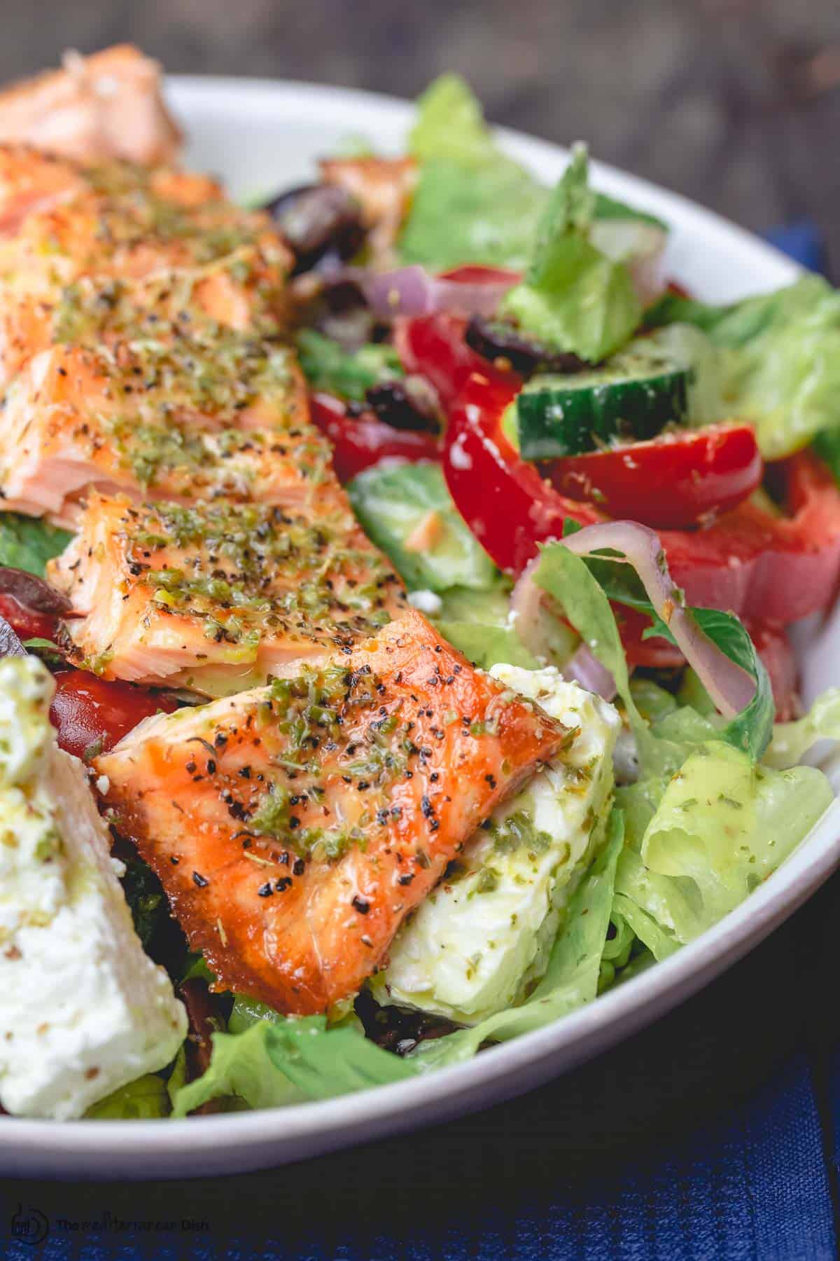 Salmon salad served in a salad bowl