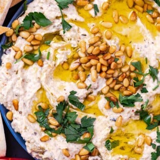 Baba ganoush (smoky eggplant dip), finished with. olive oil and toasted pine nuts with pita wedges