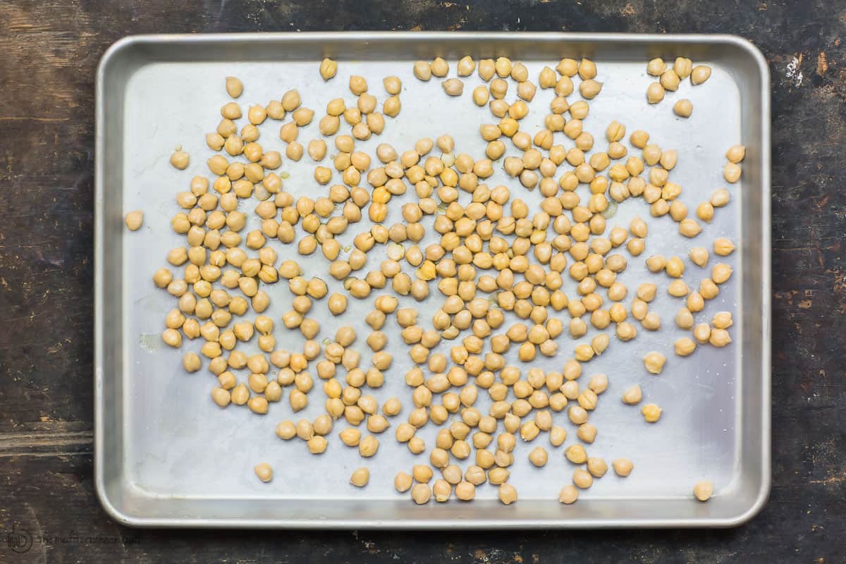 Chickpeas spread out on baking sheet