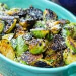 Fried brussels sprouts in serving dish