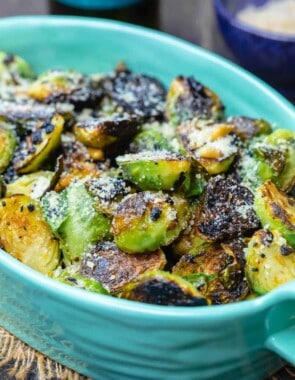Fried brussels sprouts in serving dish