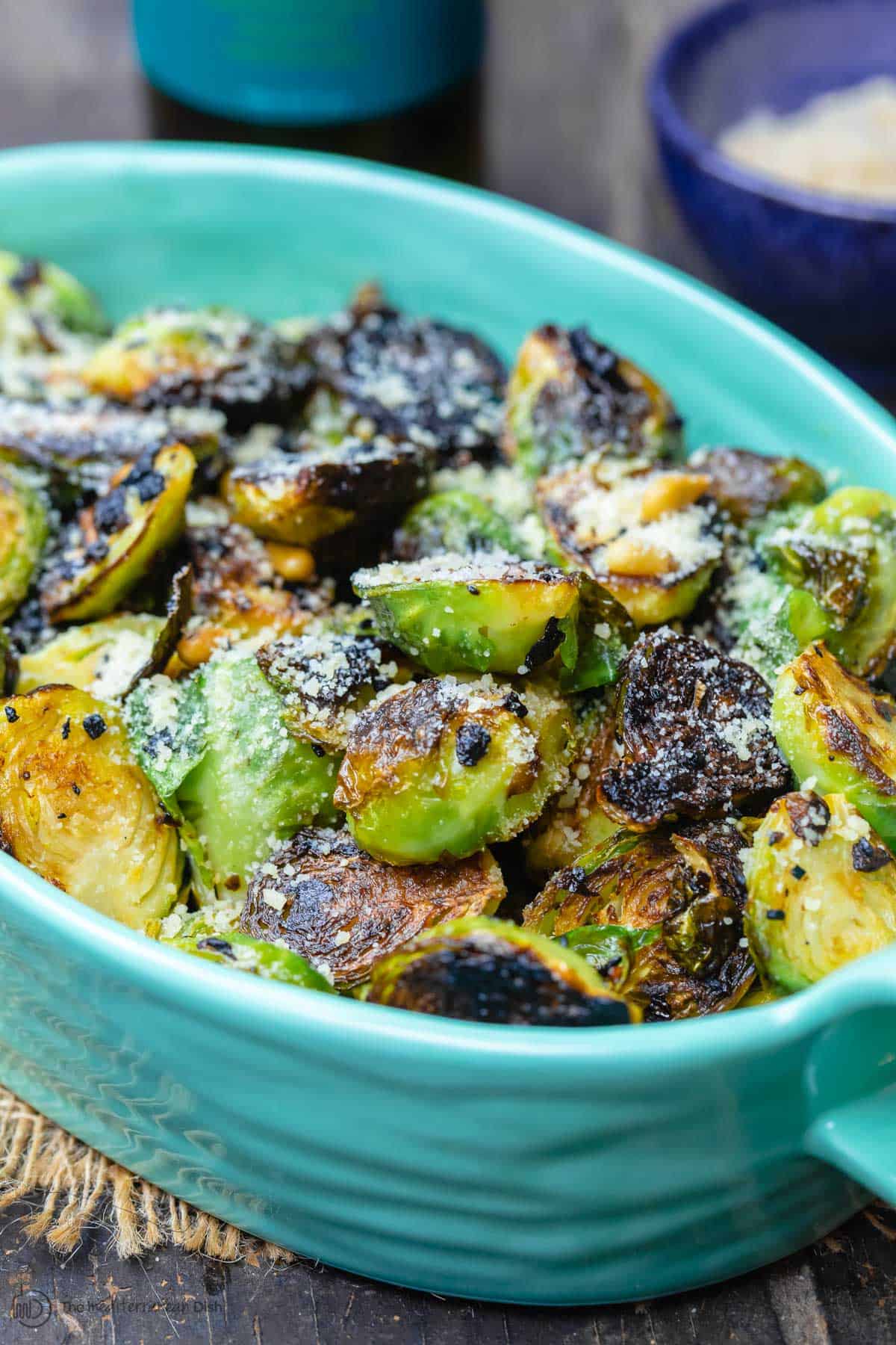 Fried brussels sprouts in serving dish