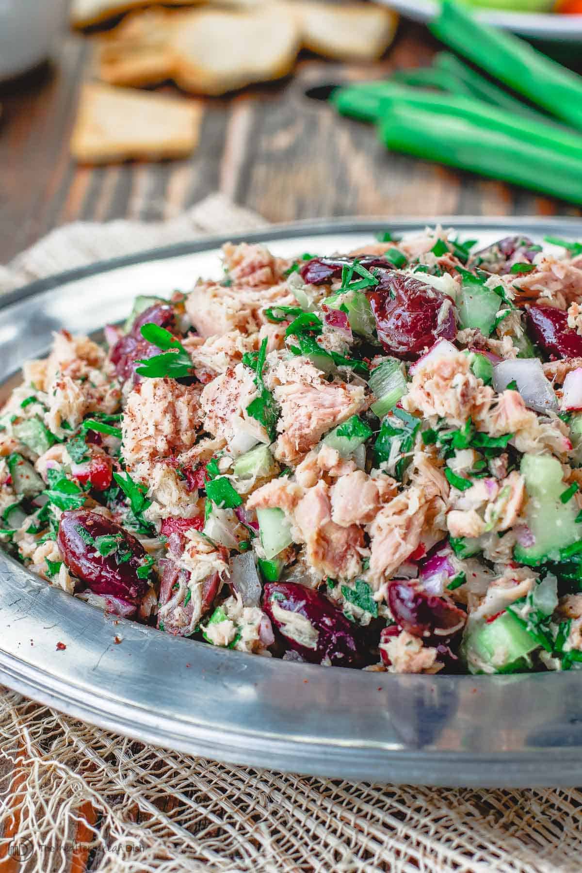 Tuna salad served on a round platter