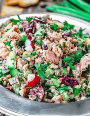 Mediterranean style tuna salad on a silver platter