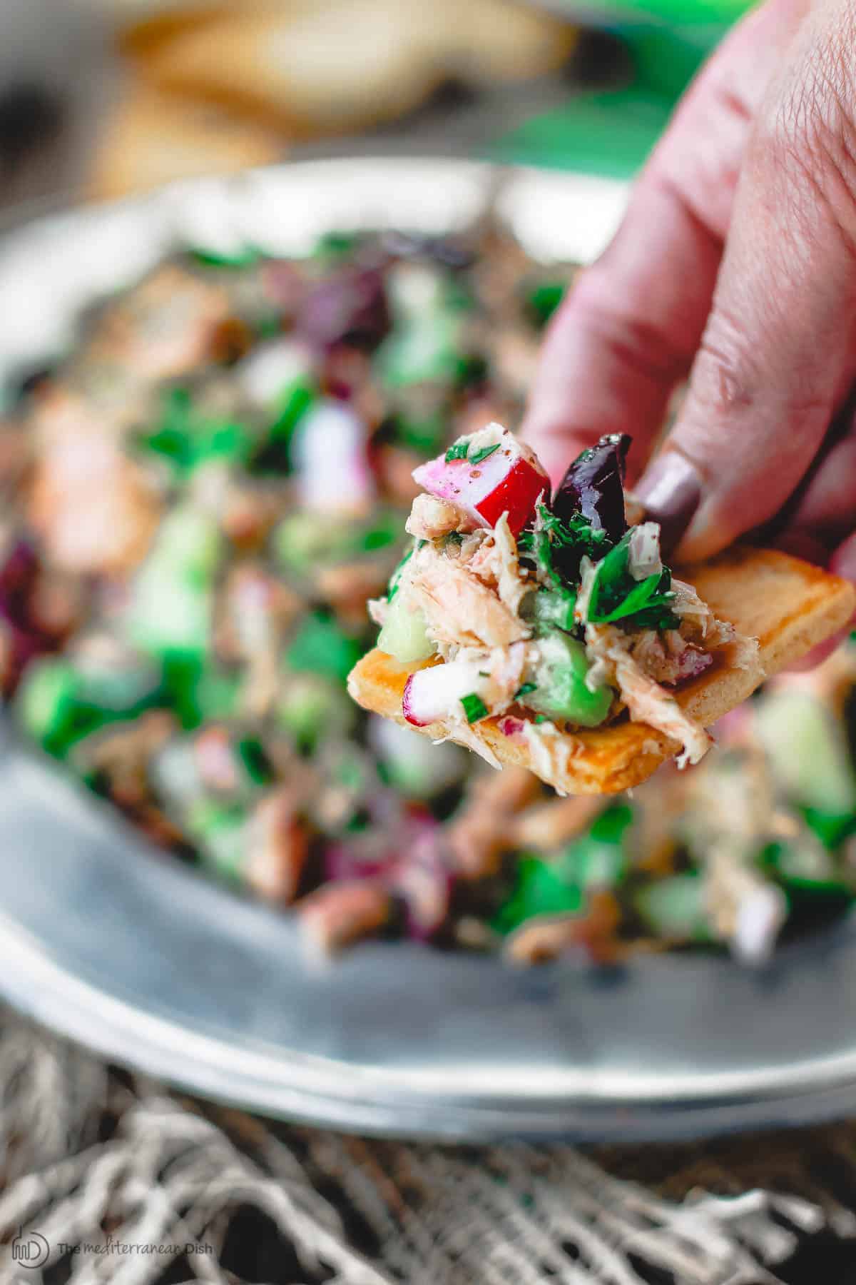 Tuna salad served on a pita chip