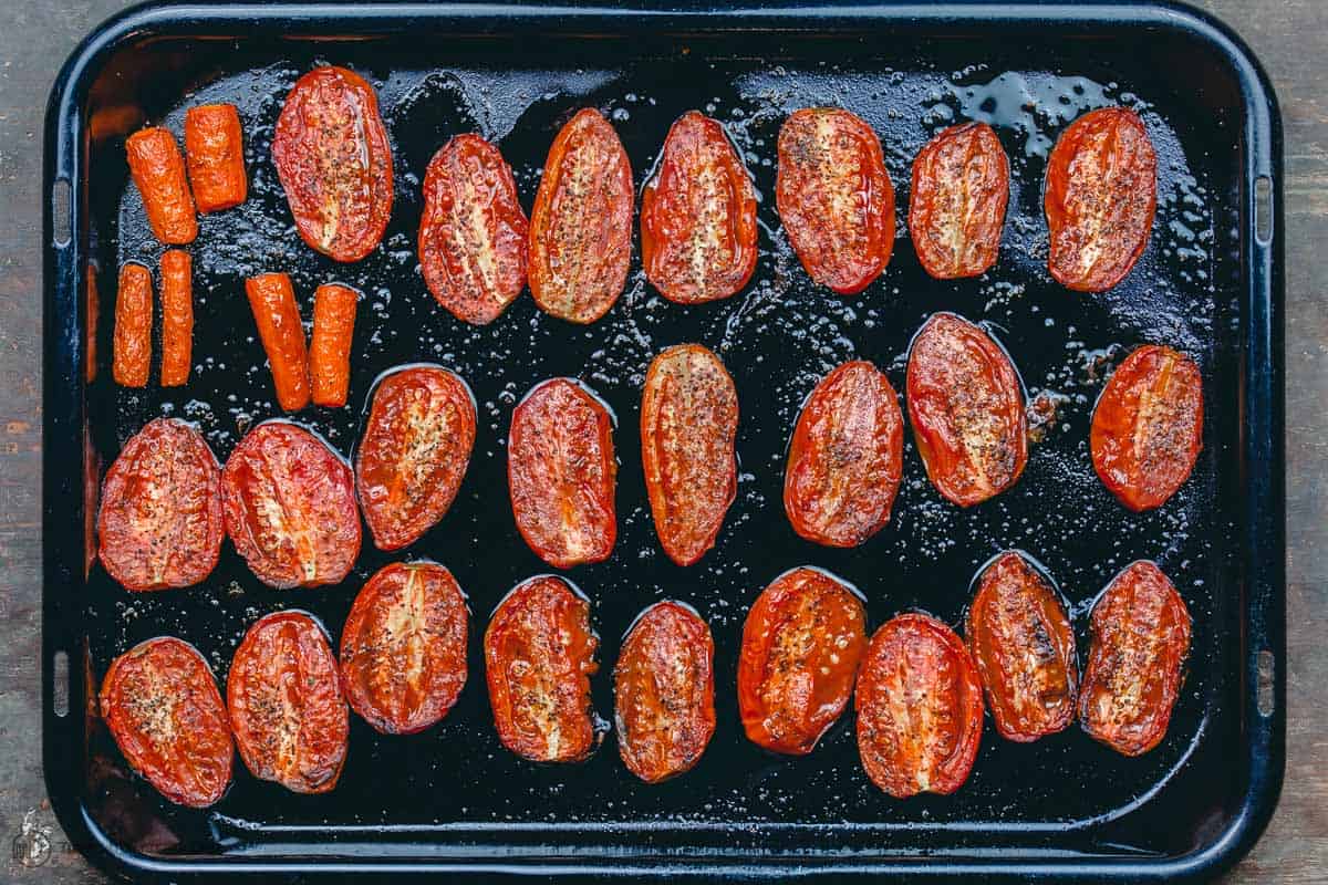 Roasted tomatoes and carrots for roasted tomato basil soup