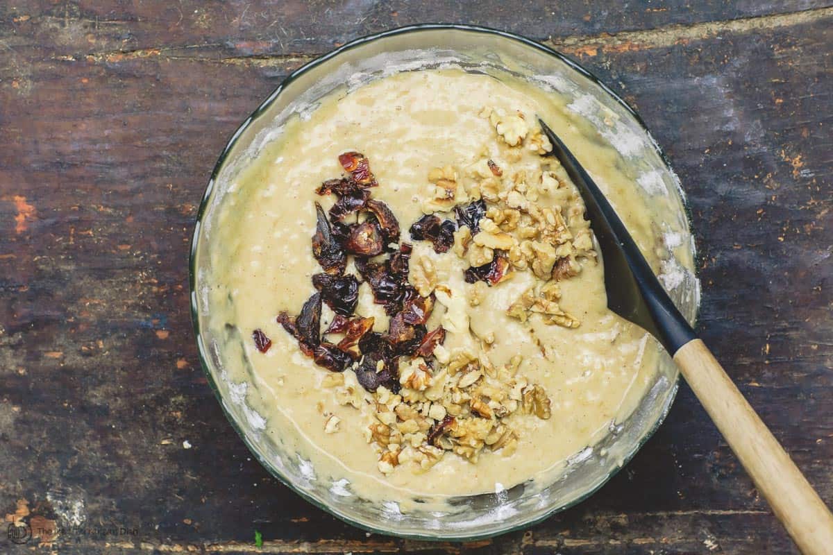 Mix for banana walnut bread in mixing bowl