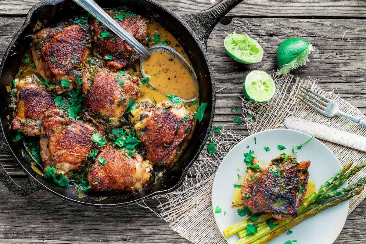 Cilantro lime chicken served in cast iron skillet