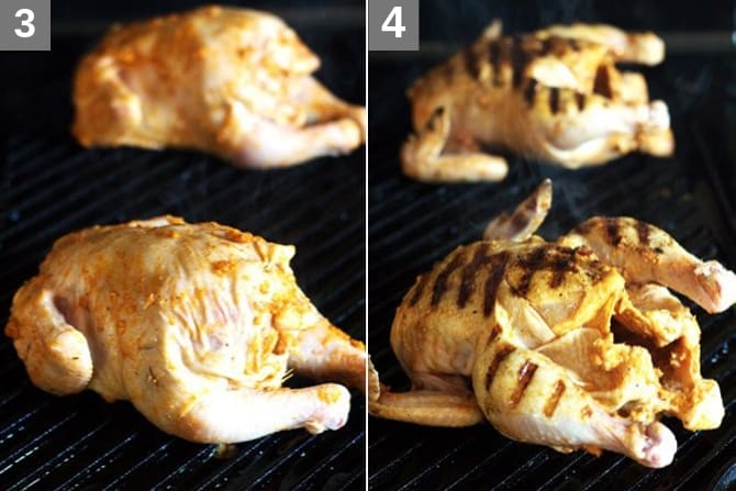 Cornish hens being browned on both sides