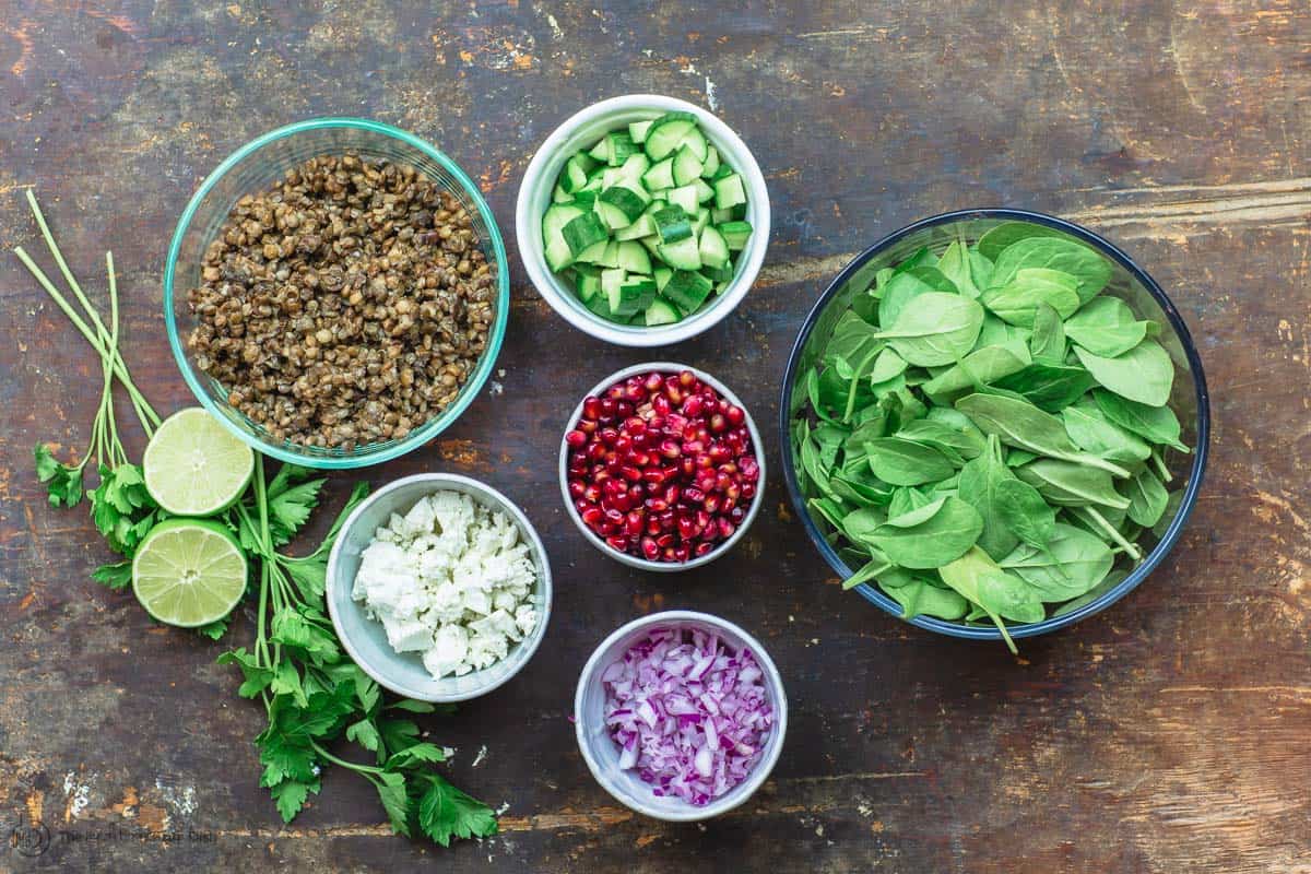 Ingredients for Mediterranean lentil salad