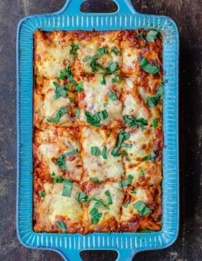 Baked Ziti with Vegetables, Garnished with basil