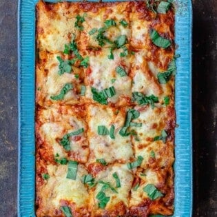 Baked Ziti with Vegetables, Garnished with basil