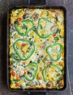Egg casserole with vegetables in baking pan