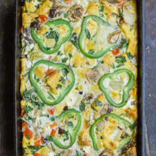 Egg casserole with vegetables in baking pan