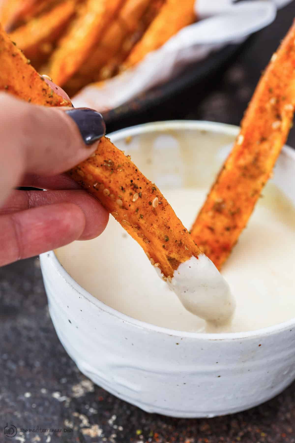 Mediterranean Air Fried Japanese Sweet Potato Fries with Yogurt