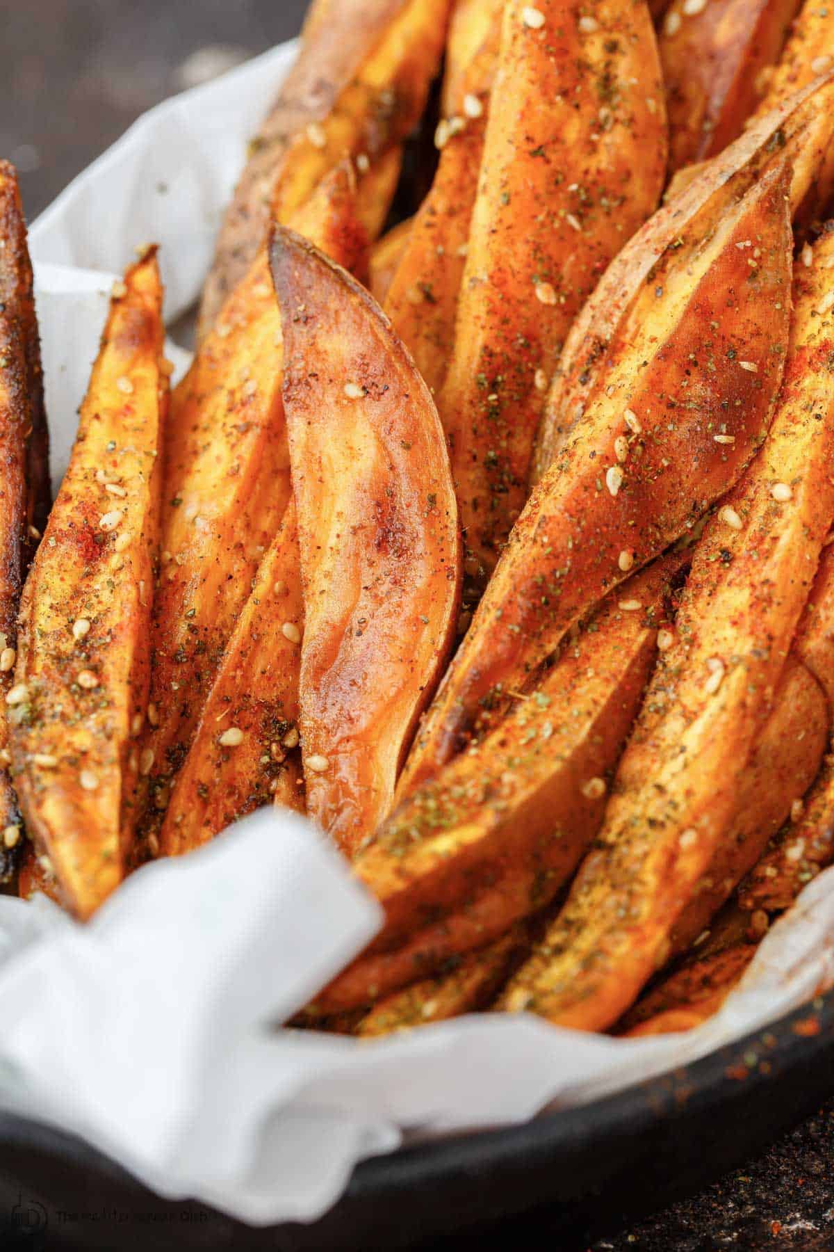 Baked sweet potato fries in basket