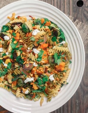 Rotini pasta with butternut squash and brussels sprouts