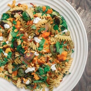 Rotini pasta with butternut squash and brussels sprouts