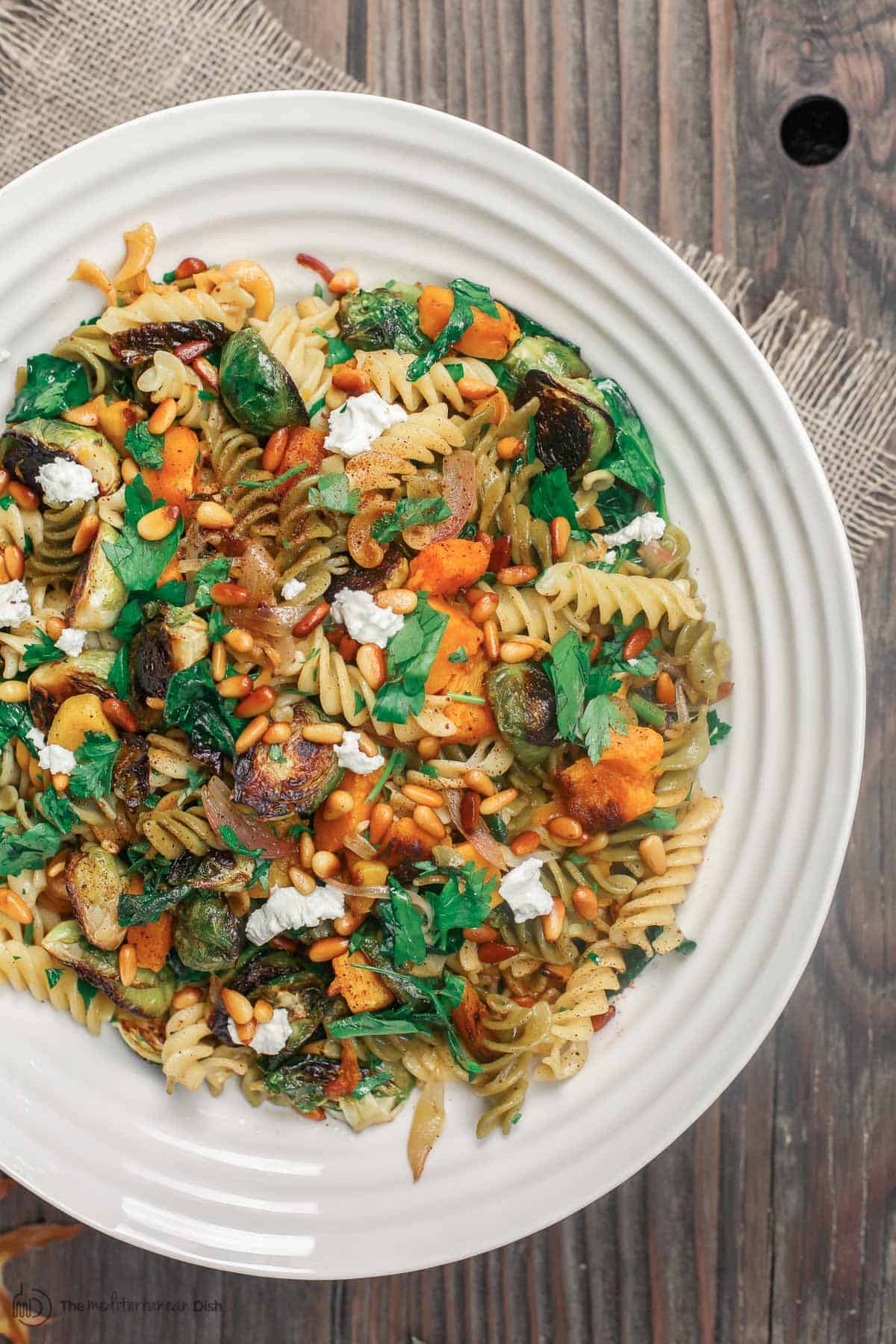 Rotini pasta with butternut squash and brussels sprouts