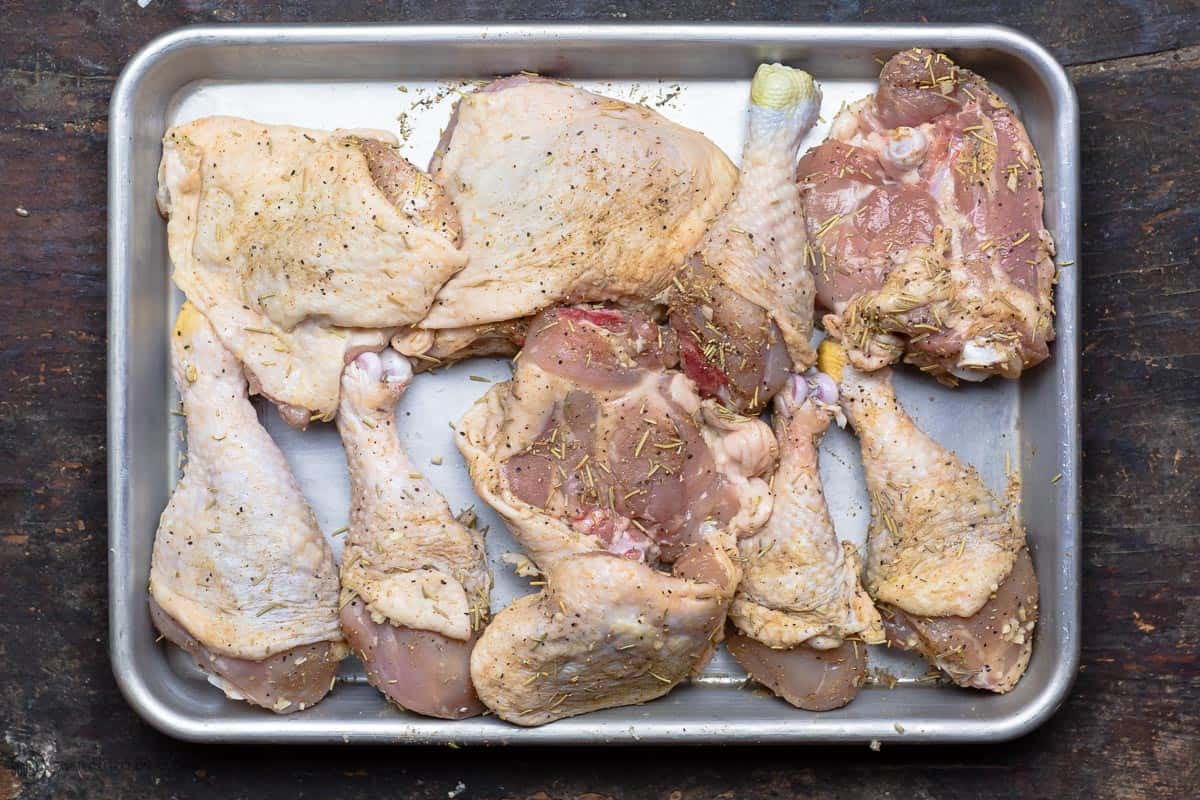 Chicken pieces seasoned with salt, garlic, and spice mixture