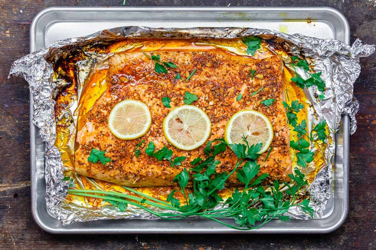 Baked salmon with garnish of parsley